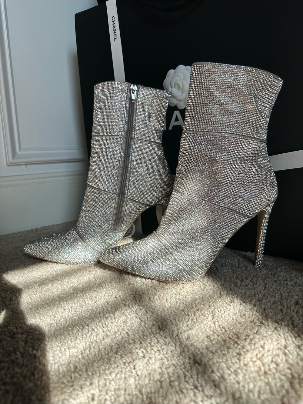 Akira Chicago Silver Crystal Stiletto Ankle Boots